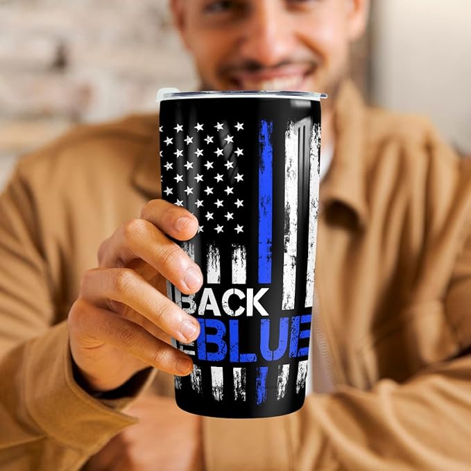 winorax Police Gifts Back The Blue American Flag Tumbler US Flag Police Academy Graduation Gifts for Men Cops Officer Retirement Tumblers 20oz Stainless Steel Travel Cups