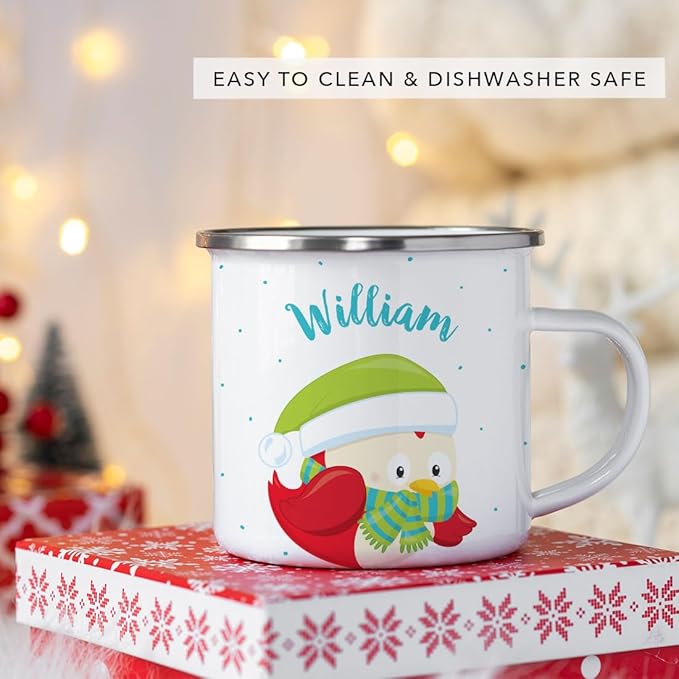 Andaz Press Personalized Name 11oz. Kids Christmas Hot Chocolate Stainless Steel Campfire Coffee Mug, Festive Red Owl Blue Green Scarf, 1-Pack, Custom Child’s Birthday Xmas Cup