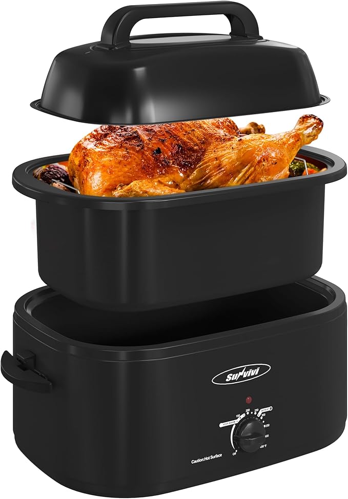 Sunvivi 24 Quart Electric Roaster Oven Turkey Roaster with Lid Electric Roasters with Removable Pan Large Roaster,Visible & Self-basting Lid, Fast Heating & Thaw/warming Setting,Black