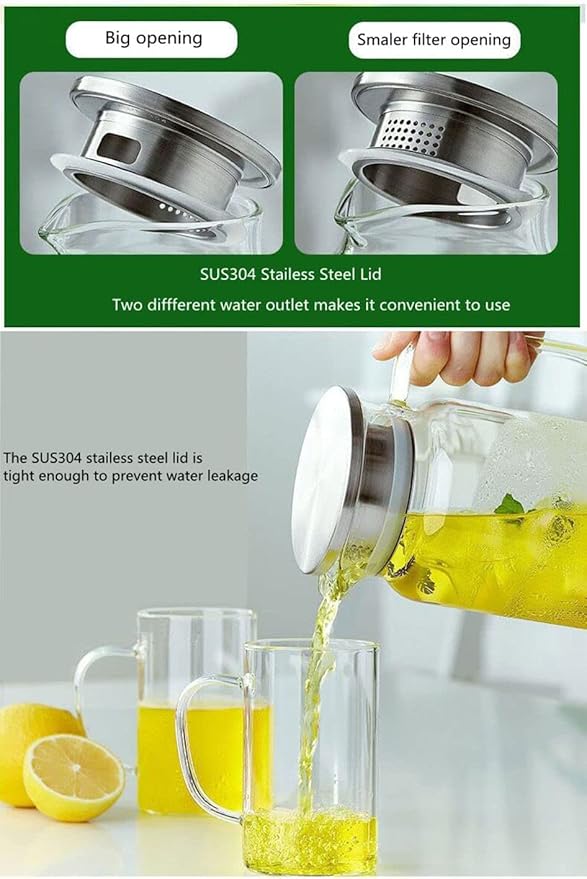 Borosilicate Glass Pitcher with Lid - Heat Resistant Carafe with Handle for Fridge, Iced Tea, Milk, Hot & Cold Beverages - 1.2L/40Oz Jug