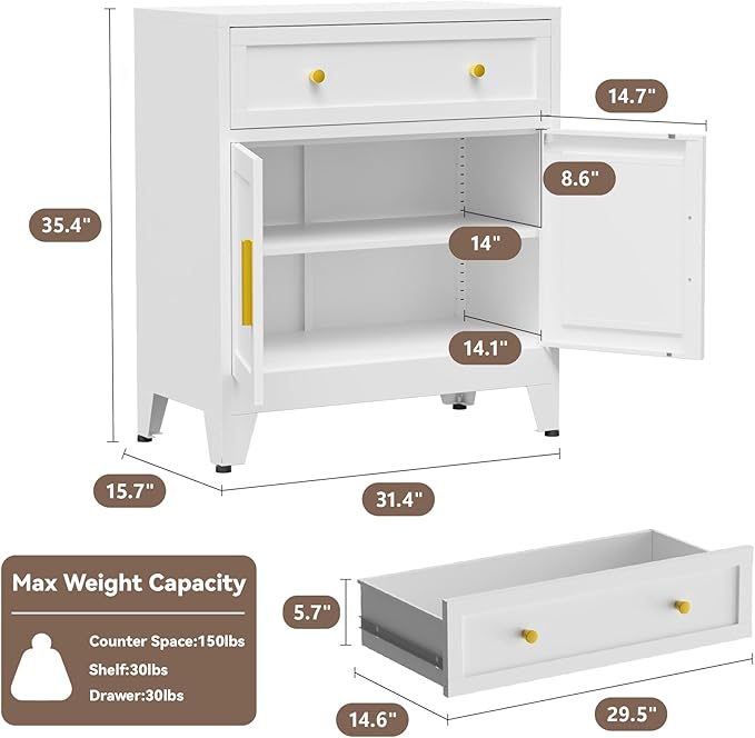 Kitchen Storage Cabinet with Drawers and Doors,Farmhouse Pantry Cabinet with Adjustable Shelves,Floor Sideboard and Buffet Server for Living Room,Dining Room,Bathroom,White