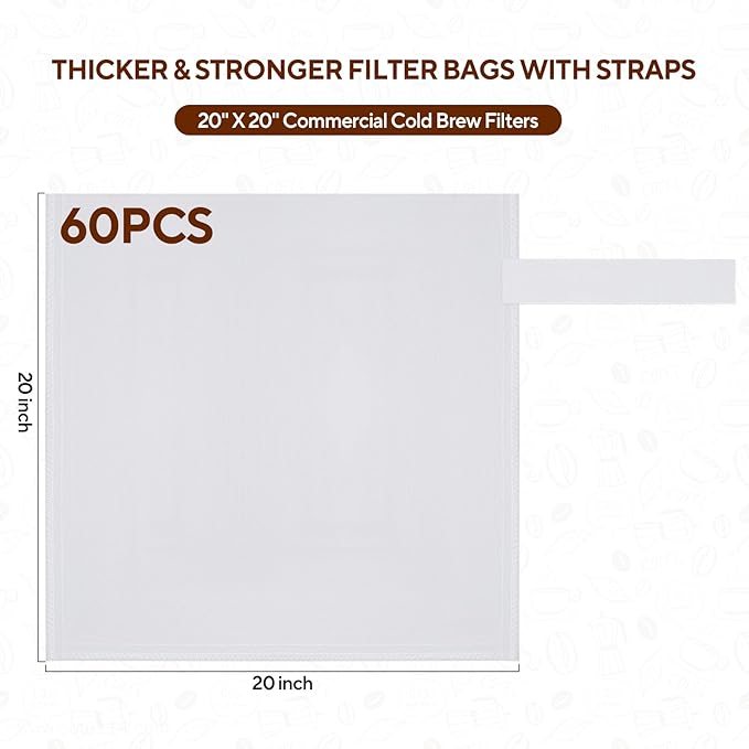 60PCS Commercial Cold Brew Coffee Bags with Drawstring, 20" X 20" Disposable Coffee Filters for 5 Gallon Buckets and Commercial Model Cold Brew Coffee Makers