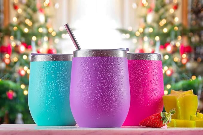 CHILLOUT LIFE 12 oz Stainless Steel Wine Tumbler with Lid - Double Wall Vacuum Insulated Wine Cup Glass Keeping Cold & Hot for Coffee, Champagne, Cocktails, Ice Cream - Powder Coated Aqua Blue