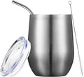 COMOOO 12oz Wine Tumbler with Lid and Straw, Stainless Steel Stemless Wine Tumbler, Double Wall Vacuum Insulated Wine Tumbler Cups for Wine, Coffee, Ice Cream, Champaign, Silver