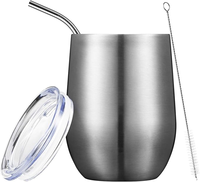 COMOOO 12oz Wine Tumbler with Lid and Straw, Stainless Steel Stemless Wine Tumbler, Double Wall Vacuum Insulated Wine Tumbler Cups for Wine, Coffee, Ice Cream, Champaign, Silver