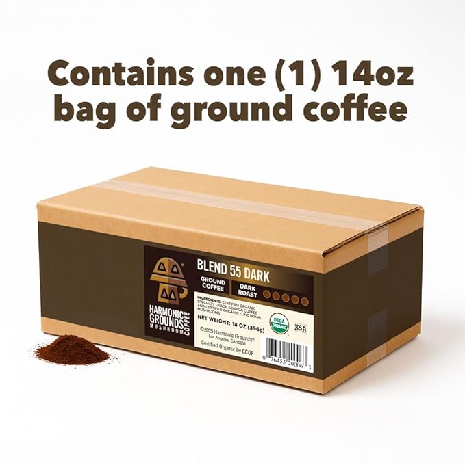 Harmonic Grounds Dark Roast Mushroom Coffee | Organic Ground Coffee with Functional Mushrooms | Lion’s Mane, Reishi, Chaga, Cordyceps, Turkey Tail | Fruiting Body Only | 14 oz Bag