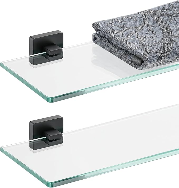 JQK Bathroom Glass Shelf Black, Tempered Glass Shower Storage 12 by 5 inches, 304 Stainless Steel Matte Black Wall Mount 2 Pack, TGS201L12-PB-P2