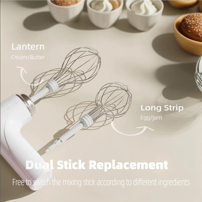 Cordless Hand Mixer, One Touch Off Handheld Electric Whisk with 3 Speed Modes, Hand Held Egg Beater with 2 Detachable Stir Whisks (White）