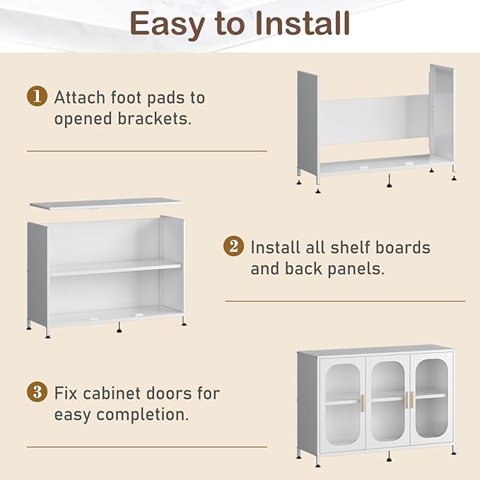 ZZL Sideboard Buffet Cabinet, Outdoor Storage Cabinet, 3 Doors, Metal,Resisting Ccratches, Rust, Adjustable Shelf for Kitchen,Coffee Bar, Garden, Entryway, Table Cupboard, (Length 48'' White)