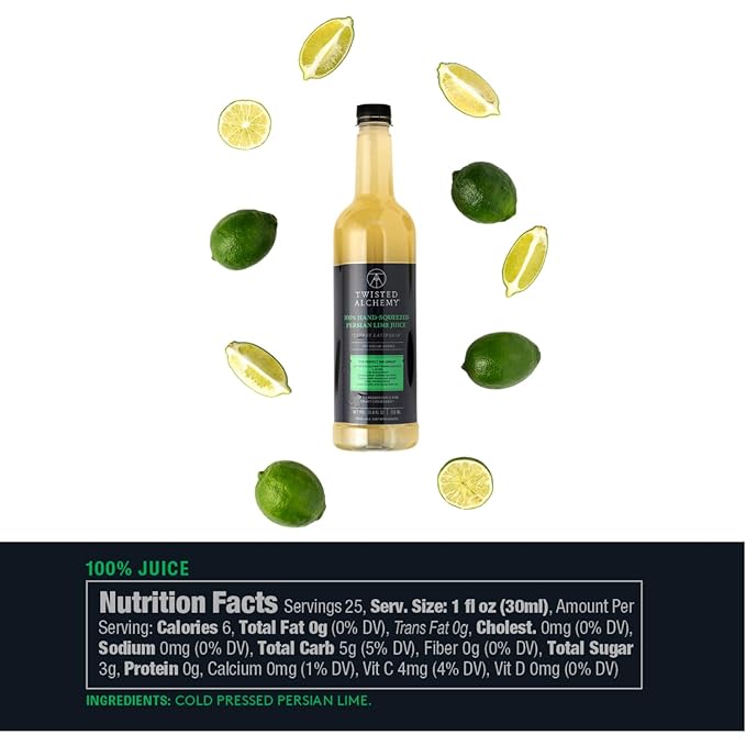 Twisted Alchemy Cold Pressed Fresh Juice For Craft Cocktails - All Natural, 100% Hand Squeezed Lime Juice Cocktail Mixer - (25 Oz Bottle, Pack Of 1) - No sugar added ,Preservative Free, Non-GMO, 100% Pure, Unpasteurized Ships Cold