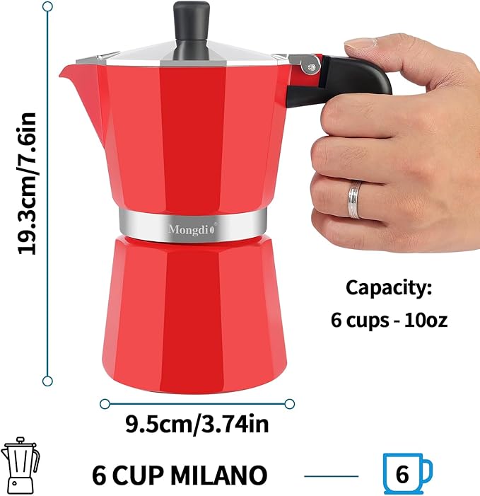 Mongdio Stovetop Espresso Maker Moka Pot, Stove Top Cuban Coffee Maker, Italian Greca Mocha Pot, 6 Espresso Cups, 10 oz - Red