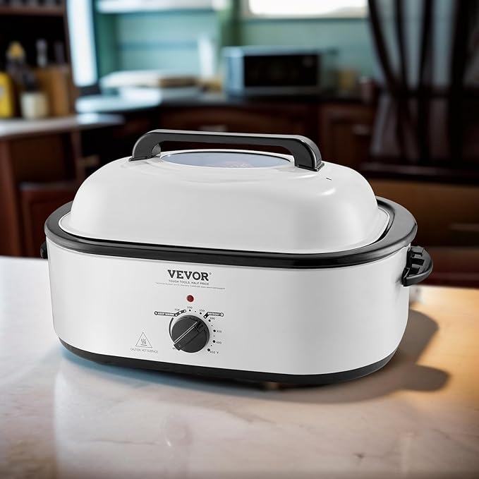 VEVOR Electric Roaster Oven, 22 QT Turkey Roaster with Self-Basting Lid, 1450W Roaster with Defrost & Warm Function, Adjustable Temp, Removable Pan & Rack, Fits Turkeys Up to 26LBS, White