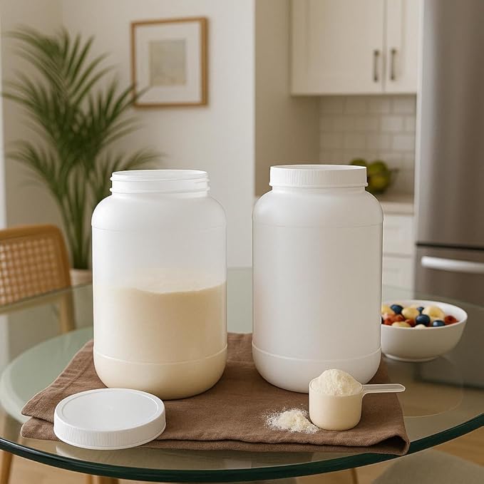 1 Gallon Protein Powder Container with Airtight Lid - Plastic Large Wide Mouth Jar - Pack of 2 - Made in USA