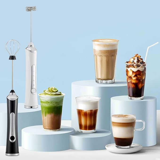 Handheld Electric Milk Frother with 2 Heads, Coffee Whisk Foam Mixer with USB Rechargeable 3 Speeds, Foam Maker Blender for Latte, Cappuccino, Hot Chocolate, Egg (White)
