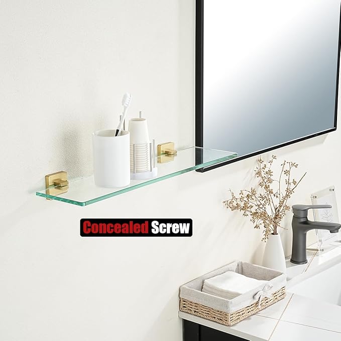 JQK Bathroom Glass Shelf, Floating Tempered Glass Shower Storage 20 by 5 inches, 304 Stainless Steel Brushed Gold Wall Mount, TGS201L20-BG