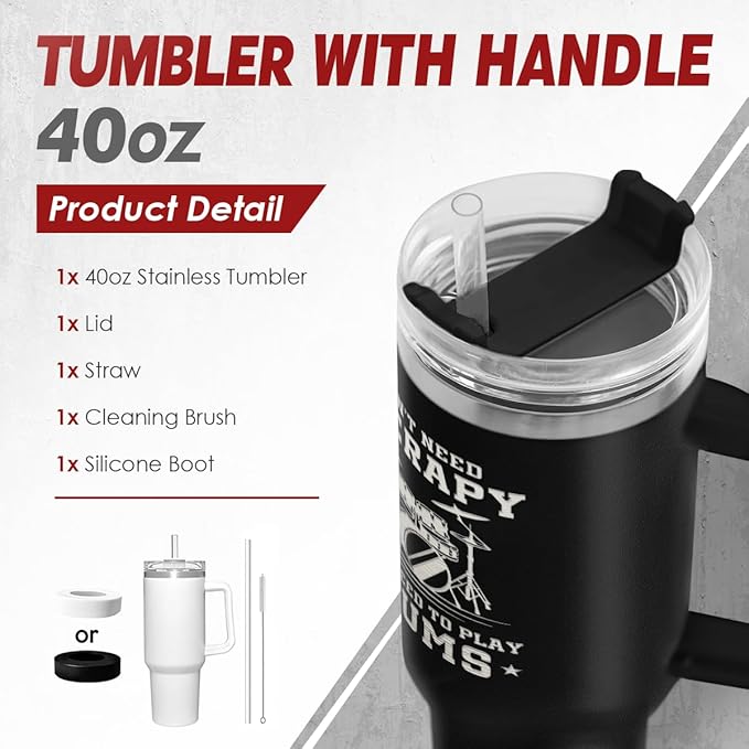 SANDJEST Drummer Gifts for Men, 40oz Stainless Steel Insulated Coffee Tumbler with Lid & Straw, Travel Mug Cup Gift for Drummers, Christmas Birthday