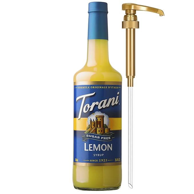 Torani Sugar Free Syrup, Lemon Flavoring for Drinks, Zero Calorie, Glass Bottle with Pump Included, 25.4 Fl Oz