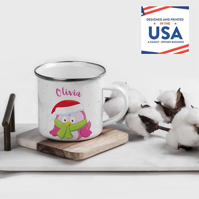 Andaz Press Personalized Name 11oz. Kids Christmas Hot Chocolate Stainless Steel Campfire Coffee Mug, Festive Pink Owl, 1-Pack, Custom Birthday Xmas Cup Hot Chocolate Mugs For Kids Christmas Mugs