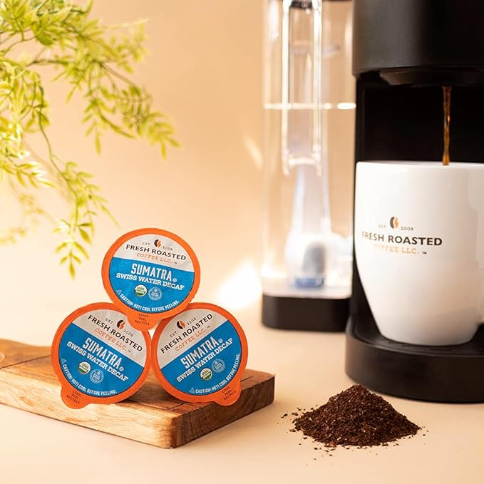 Fresh Roasted Coffee, Organic Sumatra Water-Processed Decaf | 100% Single Origin, USDA Organic, Kosher | Medium Roast K-Cup Compatible | 72 Pods