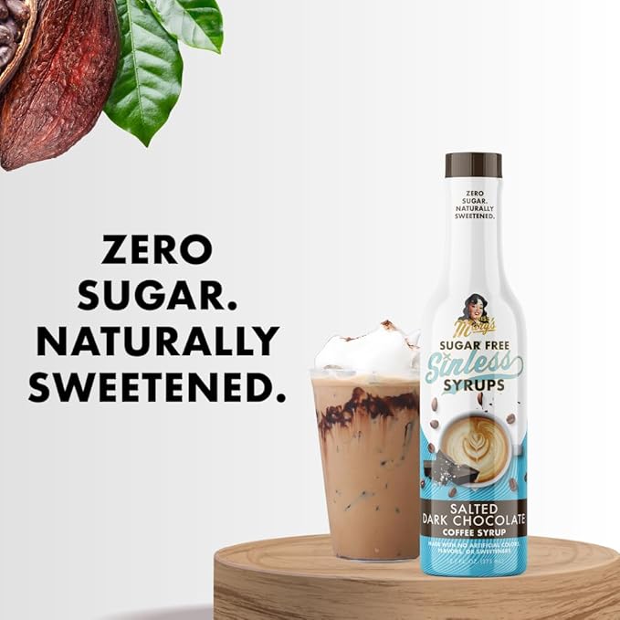 Sugar Free Salted Dark Chocolate Sinless Syrup - Stevia Based, No Sugar Alcohols or Sucralose, No Artificial Sweeteners, Natural Ingredients, Coffee Tea Cocoa Dessert, Keto Friendly, 1 Pack