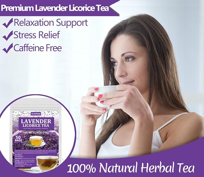 Premium 50 Lavender Licorice Tea Bags, Made with Natural Lavender Flowers & Wild Licorice Root, for Relaxation & Sleep & Wellness, Caffeine Free & No Artificial Flavors.