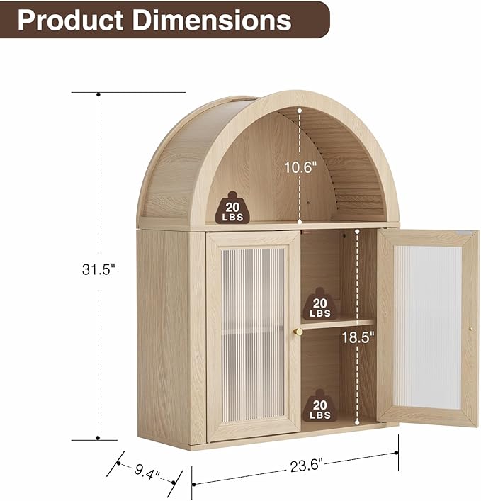 Arched Bathroom Cabinet, Wall Mounted Bathroom Cabinet with Tempered Glass Doors and Adjustable Shelf, for Kitchen, Living Room, Laundry Room, Restroom, Oak