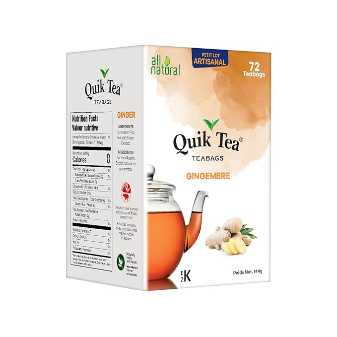 QuikTea Ginger Chai Tea Bags - 72 Count - All Natural, Preservative Free - Non-GMO - Easy To Brew Ginger Chai Tea Bags