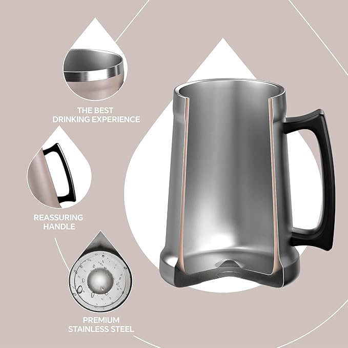 Ideus Insulated Beer Stein, 24/32oz Stainless Steel Double Walled Beer Mug Giant Bar Drinkware Metal Beer Cup with Big Grip Handle (Dusty Pink, 24oz (710ml))