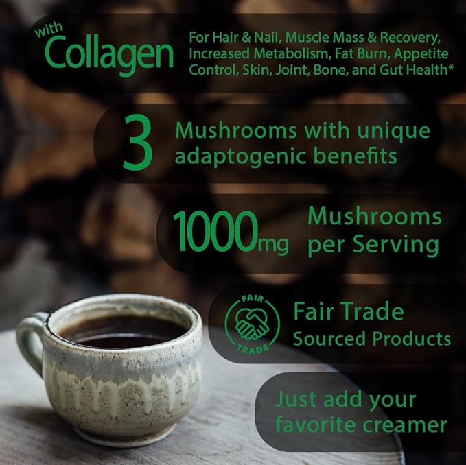 Destress Boost Organic Mushroom Instant Coffee - 135g, 15 Servings Pouch - Healthy Coffee alternative and Substitute - With Gaba, Collagen, Lions Mane and Antioxidants