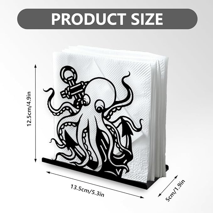 Octopus Decorative Black Metal Napkin Holder for Table, 5.3" x 4.9" x 1.9" Animal Ocean Theme Standing Napkin Holder for Home Kitchen Restaurant Picnic Party Coffee Bar Dining Room