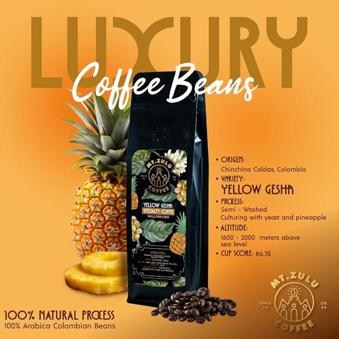 Mt. Zulu Yellow Gesha/Geisha Coffee – Pineapple Fermentation, Semi-Washed, Single Origin Colombian Specialty Beans, Medium Roast, Exotic Flavor Profile, Whole Bean, 8.8 oz Bag