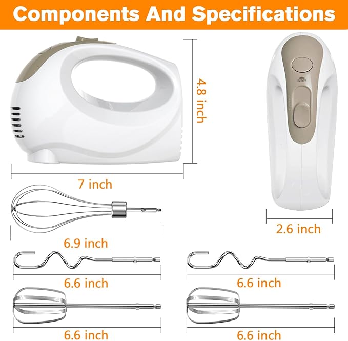 Handmixer - 5 Speed Portable Kitchen Mixer Electric Handheld with 5 Stainless Steel Accessories Whisk, Food Beater, ‌Ivory