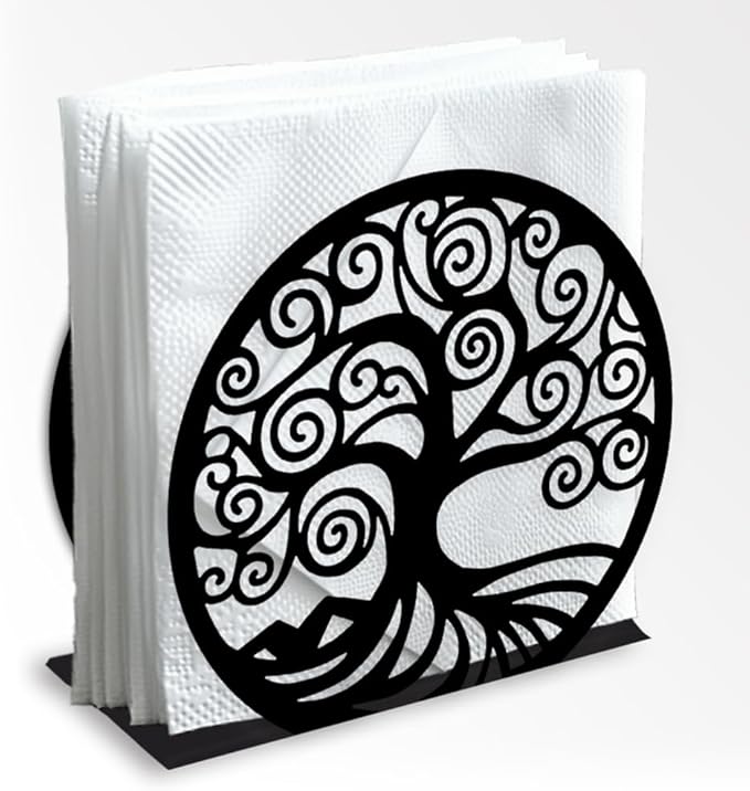 Tree of Life Decorative Black Metal Napkin Holder for Table, 5.3" x 4.9" x 1.9" Tree Standing Napkin Holder for Home Kitchen Restaurant Picnic Party Coffee Bar Dining Room