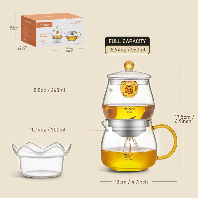 Easy to Soak Tea Pot, Total 560ml (18.94 oz) Glass Teapot with Base, Tea and Water Separation Magic Teapot for Stovetop, Home, Office or Solo Tea Drinking