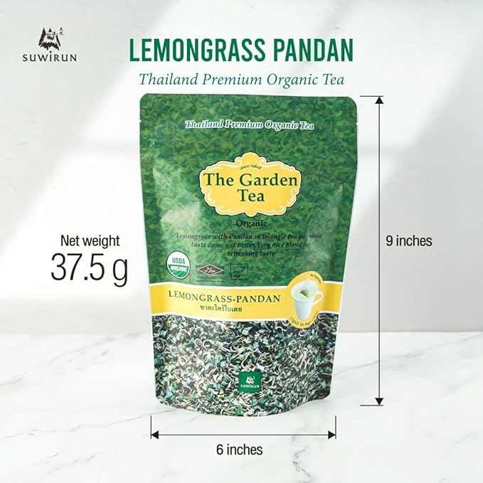 Suwirun Organic Lemongrass & Pandan Tea 25 Bags – Product of Thailand – Aromatic Thai Herbal Blend, Caffeine-Free, No Calories, Natural Fragrance, Brew Hot or Cold