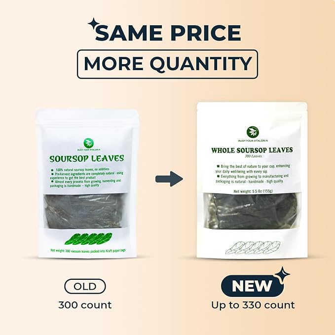 Soursop Graviola Leaf Tea - up to 350 Dried Whole Leaves, 5.5 oz, Handpicked Hoja De Guanabana, Vitamin & Fiber, Re-Steep Herbal Detox Tea for Relax & Refresh, Makes 100+ Cups