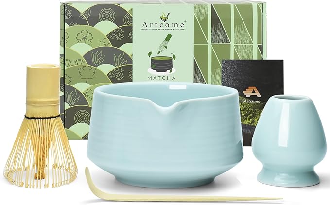 Artcome Matcha Tool Set - Complete Kit with Matcha Bowl with Spout, Bamboo Whisk, Tea Scoop & Whisk Holder, Celadon Blue