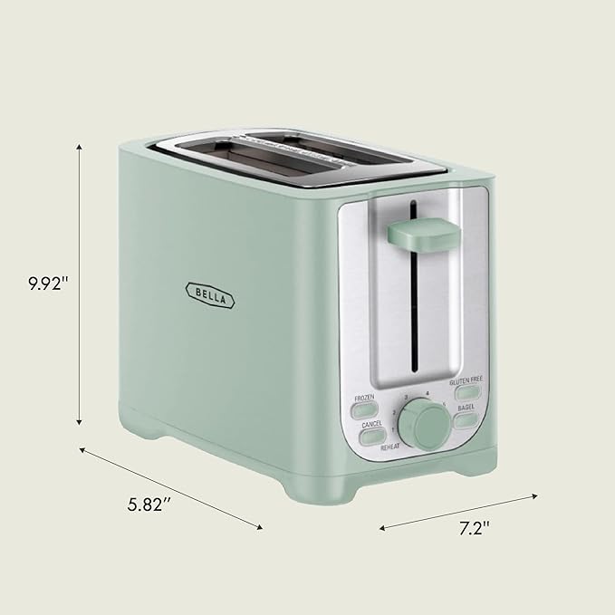 BELLA 2 Slice Toaster with Auto Shut Off - Extra Wide Slots & Removable Crumb Tray and Cancel, Defrost & Reheat Function - Toast Bread, Bagel & Waffle, Sage