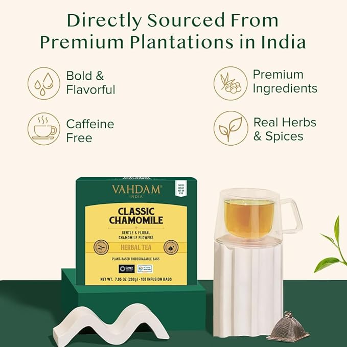 VAHDAM, Chamomile Herbal Tea Bags (15 Count) Caffeine Free, Non GMO, Gluten Free | 100% Pure Herbal Tisane - Sweet & Floral | Whole Leaf Tea Bags | Resealable Ziplock Pouch