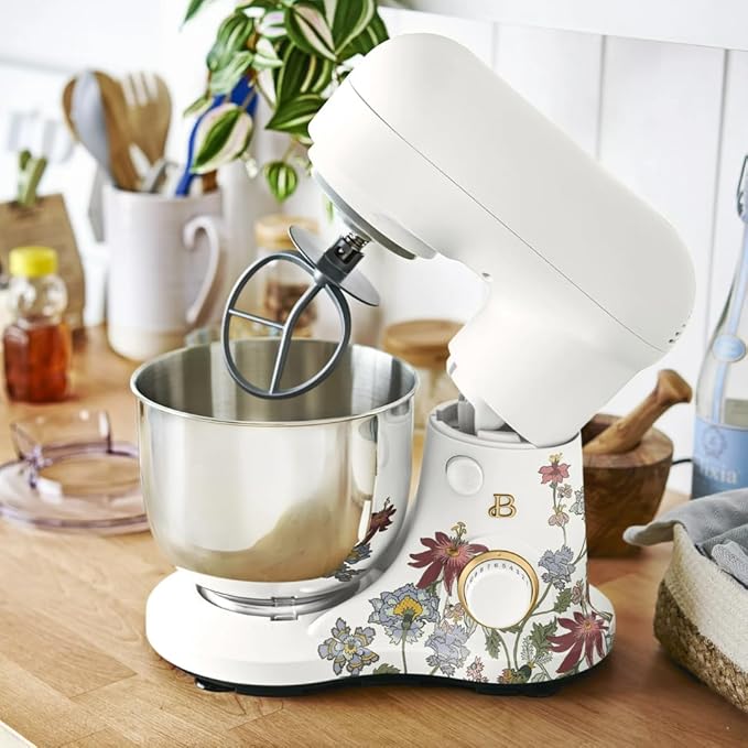 Beautiful 3.5QT 300W Stand Mixer with 12 Speeds, Tilt-Head, Splash Guard & Dishwasher-Safe Accessories, Soft Matte Finish Mixes Up to 5 Dozen Cookies, (Wildflower White Icing)