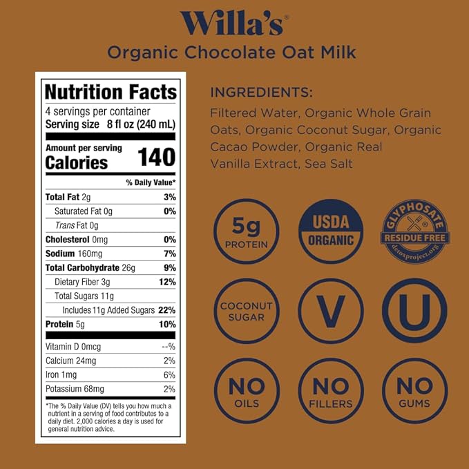 Willa's Organic Oat Milk - Chocolate Unsweetened Cacao Oatmilk, Non-GMO, Shelf Stable, Low Sugar, Non-Dairy Milk, Made from Whole Grain Oats, No Oil, No Gums, 32 Oz - Pack of 6