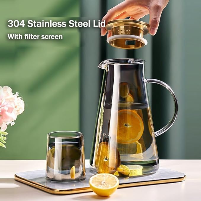 5-Pcs Glass Pitcher Set Jug with 4 Water Glasses Tumbler Cups Lid Carafe Jug with Spout Handle for Hot/Cold Tea Beverage