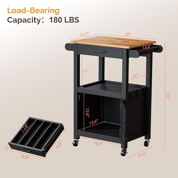 VINGLI Rolling Kitchen Cart with Microwave Stand, Storage Cabinet & Drawer, Coffee Cart with Side Hooks & Towel Rods, Small Kitchen Island on Swivel Wheels, Black