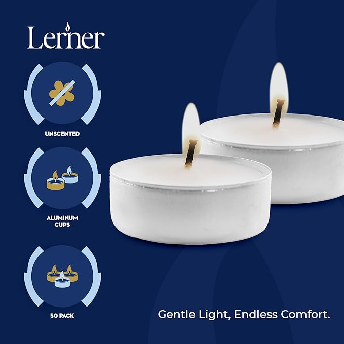Lerner Tealight Candles, 200 Count| 8 Hours Long-Burning White Tea Light Candles| Non-Toxic, Smokeless & Soot-Free Tea Light Warmer Candles | Unscented Party, Décor, Shabbat Tea Candles