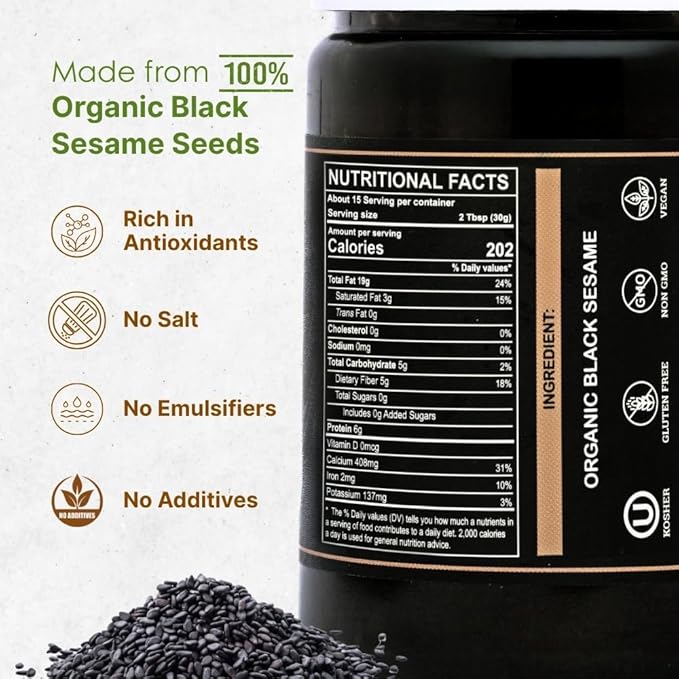 Organic Black Tahini Paste 16 oz (1lb) - Black Sesame Paste - USDA Certified, Kosher, Gluten Free Tahini Sauce - Creamy Tahini Organic with Hulled Sesame Seeds for Dressigns, Dips, Spreads & Hummus - The Holly Tree