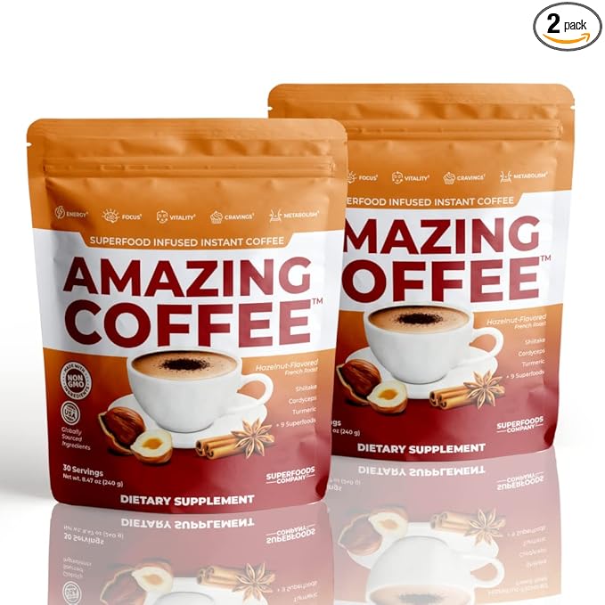 Superfoods Company | Amazing Coffee - Instant Coffee| Mushrooms, Superfoods - Hazelnut French Roast - Gluten Free, Non-GMO, Sugar Free, Vegan, Keto Friendly [60 Servings]