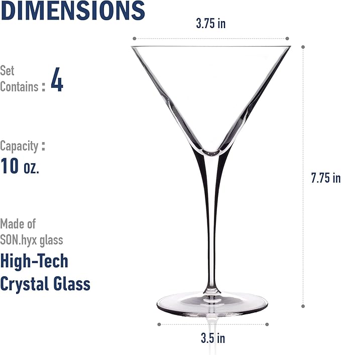 Luigi Bormioli Crescendo 10 Oz Martini Glasses, Set of 4, Crystal Cocktail Glasses, Dishwasher Safe Martini Glass, Made in Italy