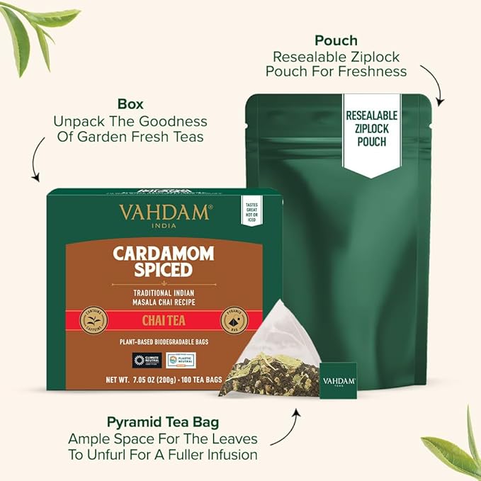 VAHDAM, Cardamom Masala Chai Tea Bags (100 Count) Non GMO, Gluten Free, No Artificial Flavor | Blended w/Exotic Spices | Chai Tea | Resealable Ziplock Pouch