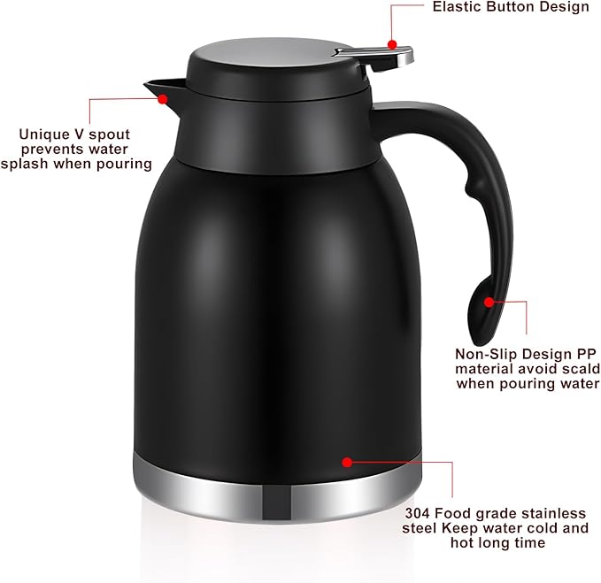 54oz Thermal Coffee Carafe Dispenser, Stainless Steel Double Wall Unbreakable Vacuum Flask 1.6L Water Tea Pot Pitcher for Hot Christmas Carafe Coffee for Home Gifts(Matte Black)