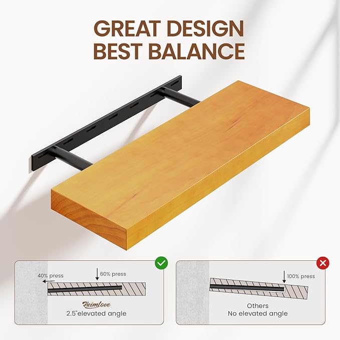 Heimlove 24 inch Floating Shelves for Wall,2 Packs Natural Pine Solid Wood Floating Shelves, 8 inches Deep Wooden Shelves for Kitchen Bedroom Office & Living Room Display Wall Decor